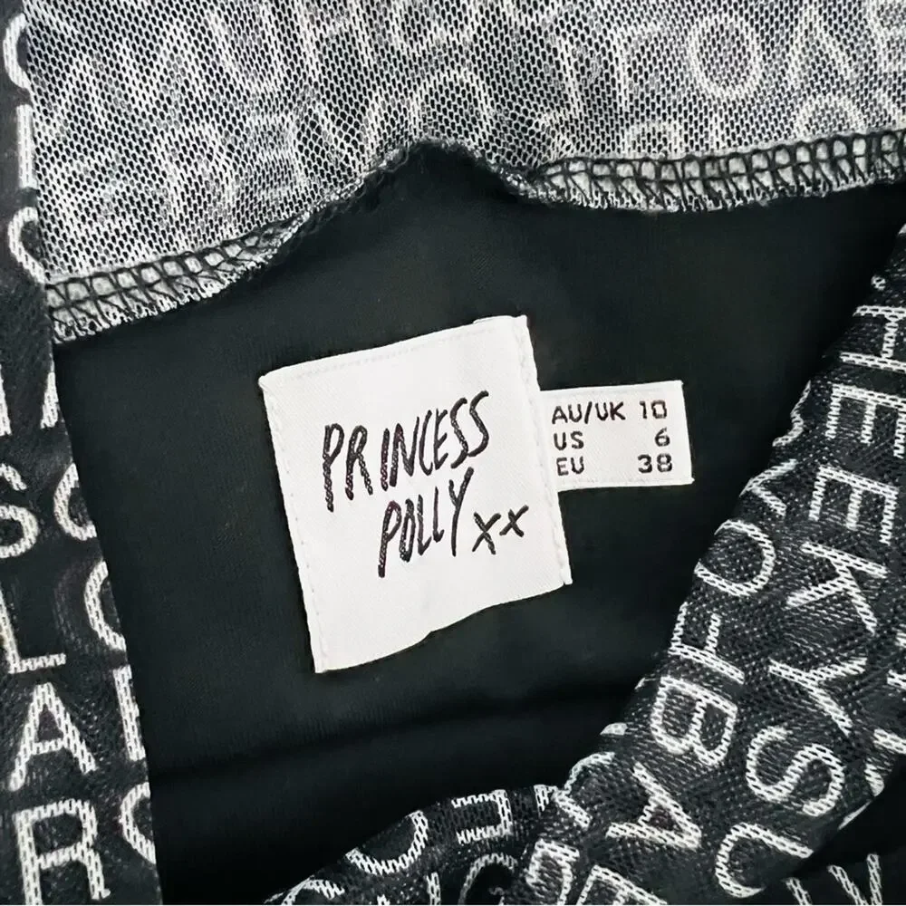 Princess Polly Text Me Mini Dress Black White print keyhole cutout mesh